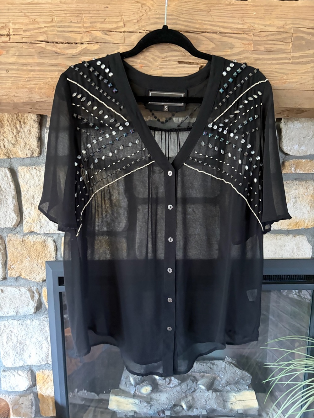 Double D Ranch Sheer Black Embellished Button-Front Women's northern lights top